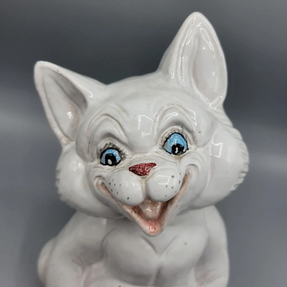 Vintage Whimsical Laughing Cat Figurine Made In Italy Redware Pottery Blue Eyes